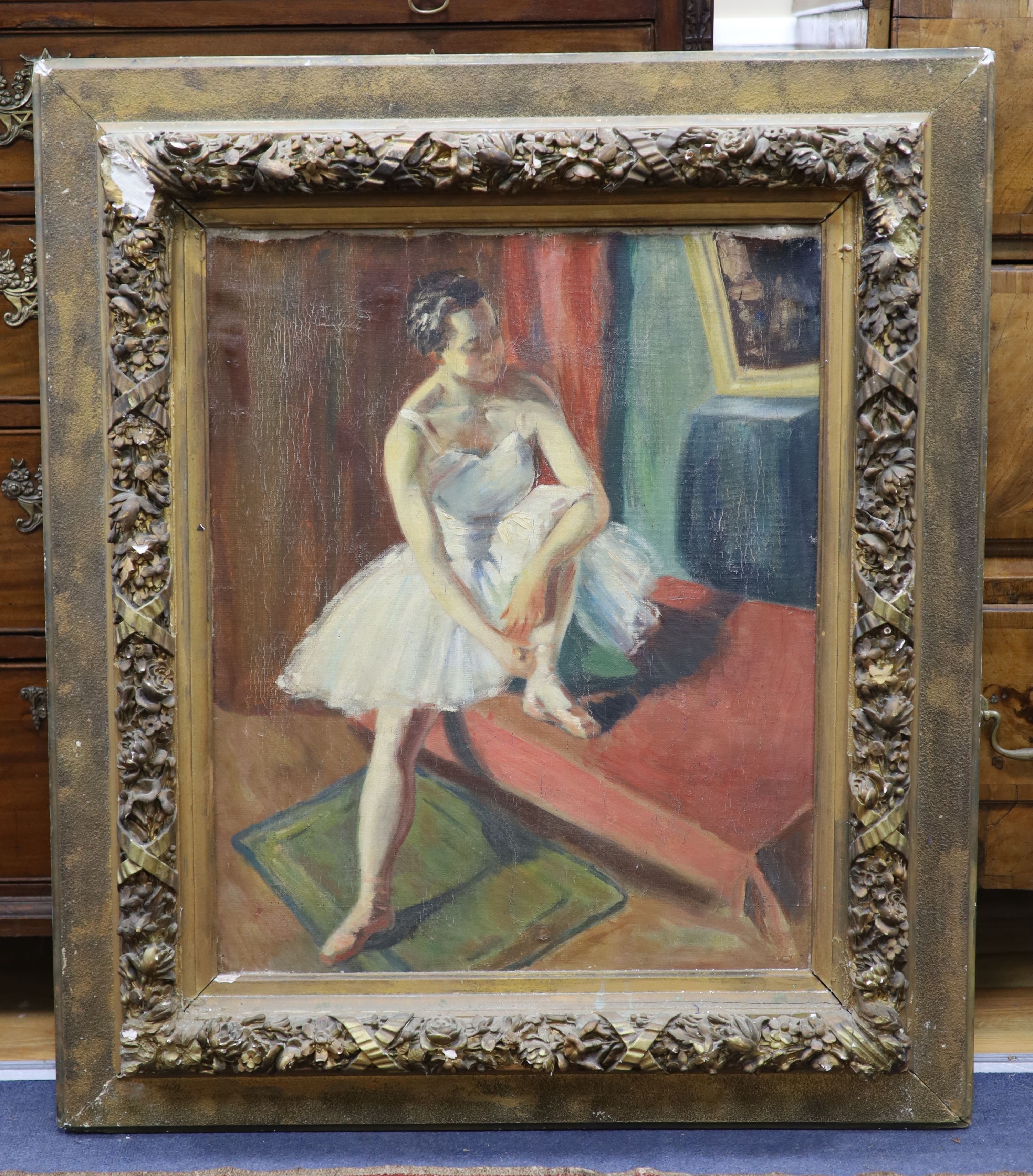 20th century French School. A ballerina tying her ribbons, oil on canvas, 24